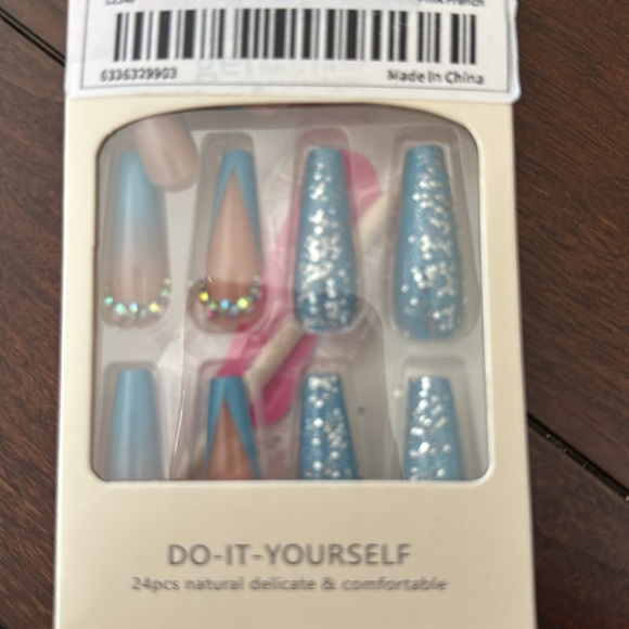24 Long Blue French Press On Blue Nails Rhinestones Nude Glitter Sequin Kit new - Picture 7 of 8
